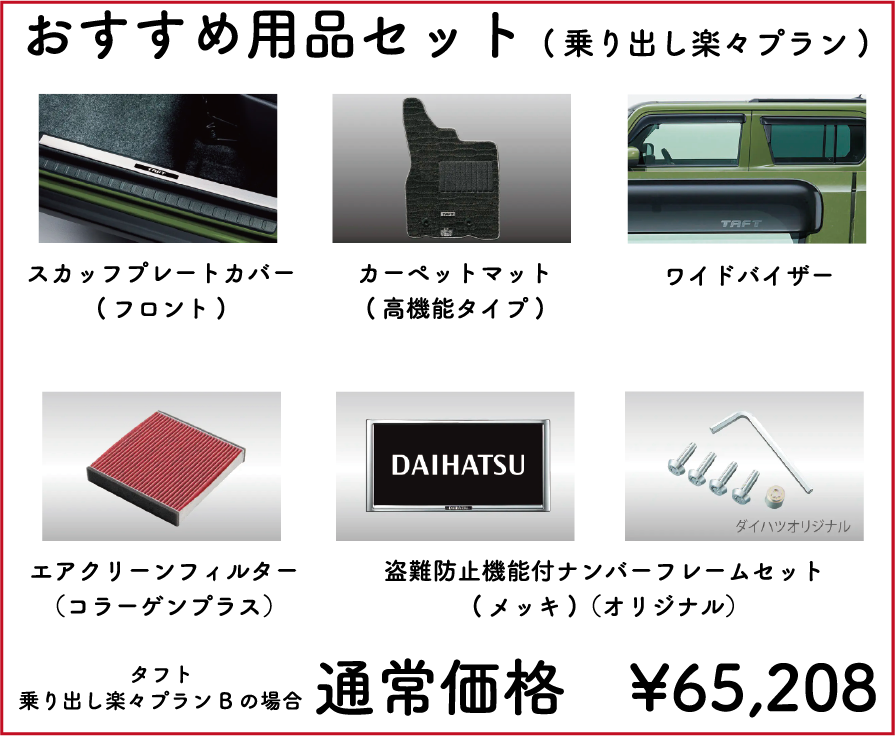 オススメ用品セット スカッフプレートカバー カーペットマット ワイドバイザー エアクリーンフィルター 盗難防止機能付ナンバーフレームセット